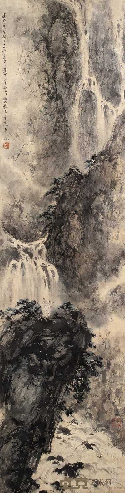 傅抱石 1963年作 观瀑图 立轴 123.5×31.5cm